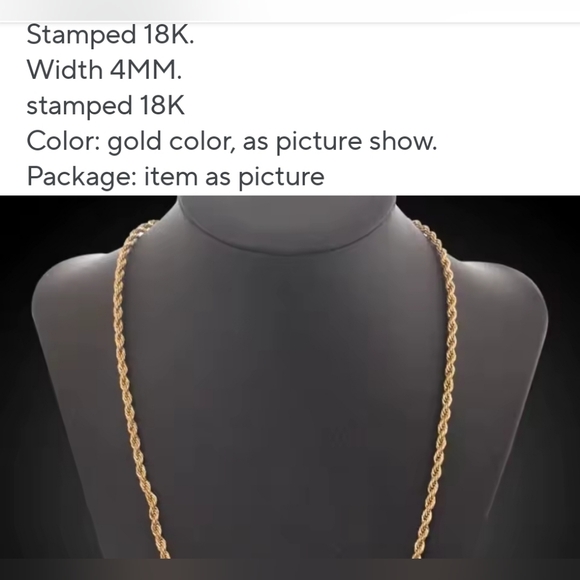 18k Gold Stamped Elegant Gold 4mm Rope Necklace 22" Unisex - Picture 5 of 7